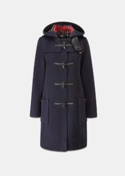 Women's Long Slim Fit Duffle Coat Navy Royal Stewart