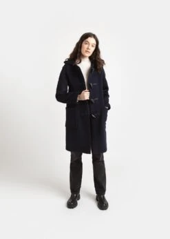 Women's Long Slim Fit Duffle Coat Navy Black Watch -Gloverall LC4330 CTSlimFitLongDuffle NavyBlackwatchctfront02