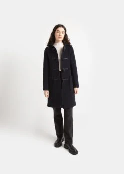 Women's Long Slim Fit Duffle Coat Navy Royal Stewart -Gloverall LC4330 CTSlimFitLongDuffle NavyRoyalStewartctfront