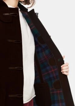 Women's Long Slim Fit Duffle Coat Brown Tartan -Gloverall Slim Fit Duffle Brown Inside 226 3c97a019 fee5 49d1 9572 112f66630162